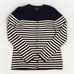 GAP Cotton Blend Ivory And Navy Blue Striped Cardigan Sweater Nautical Preppy L